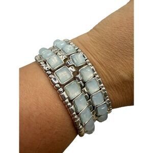 Silver Tone Blue Moonstone Look Stretch Cuff Bracelet Statement